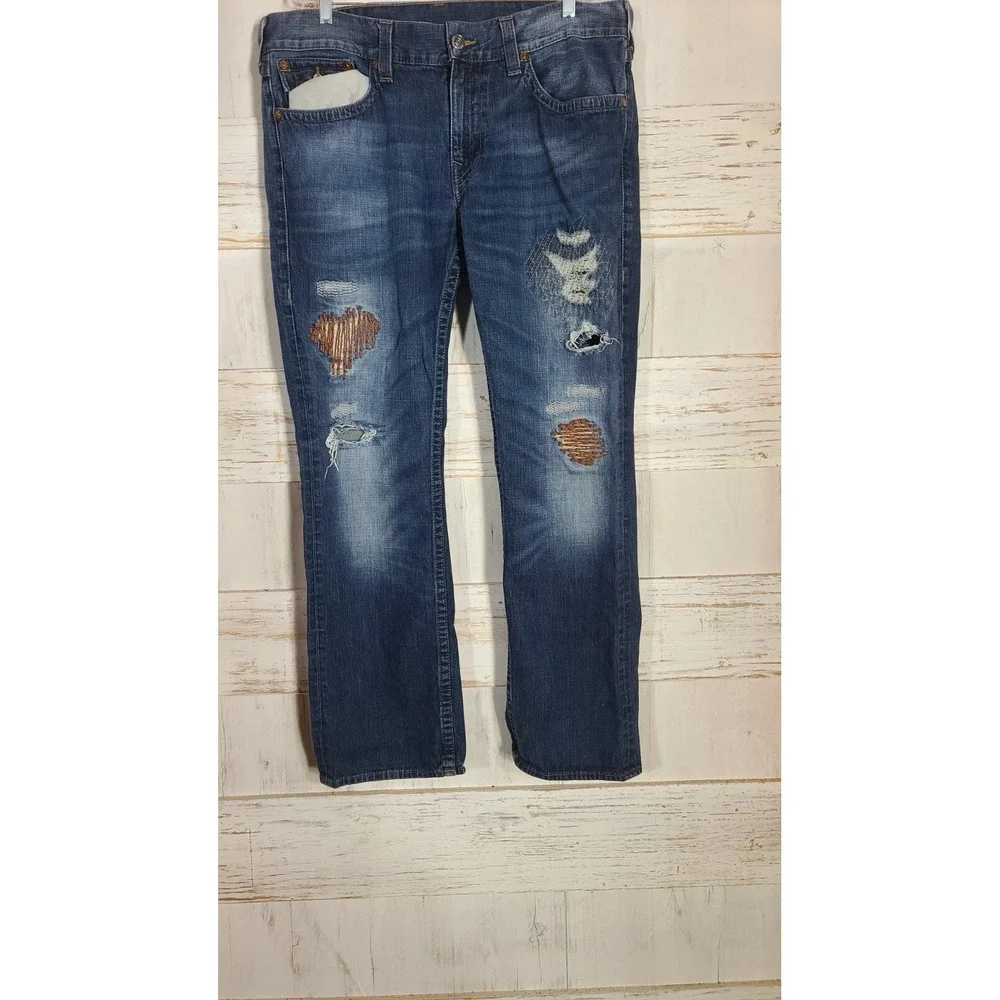 True Religion Relaxed Straight Distressed Flap Pocket Blue  Jeans Sz 38 X 31 @55